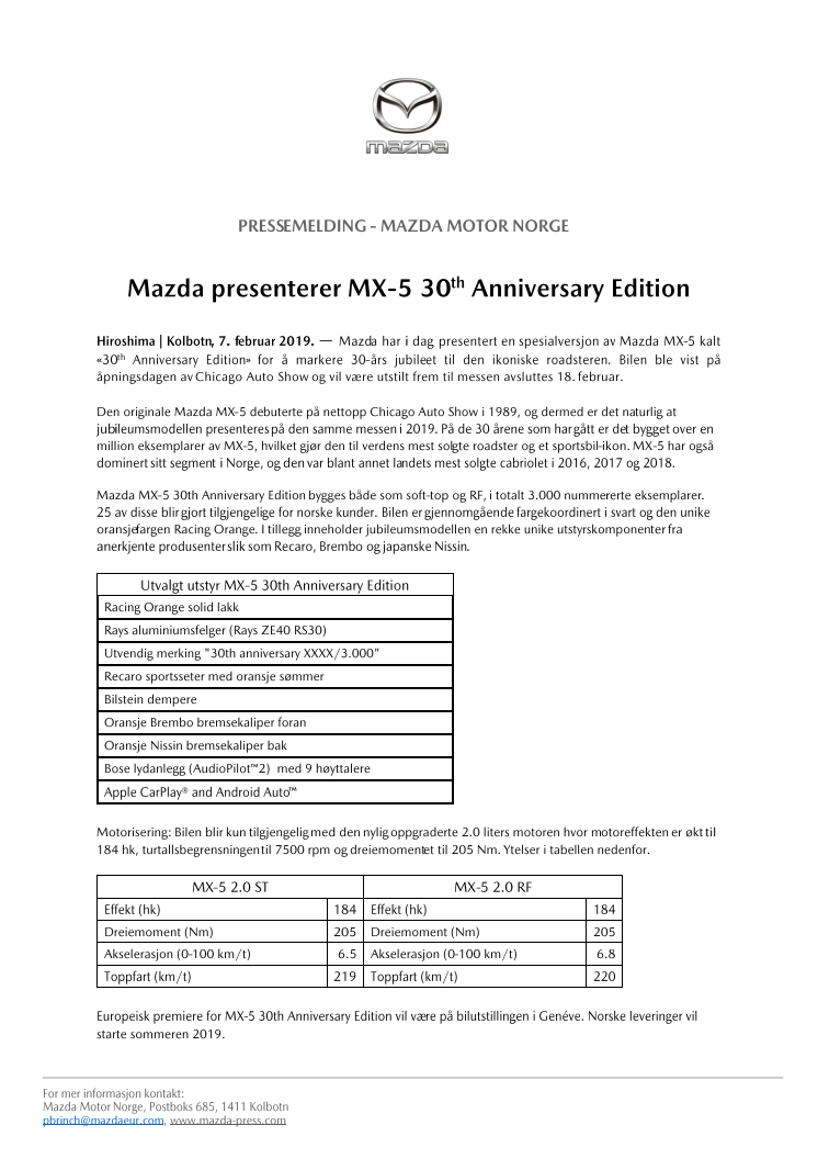 Mazda presenterer MX-5 30th Anniversary Edition