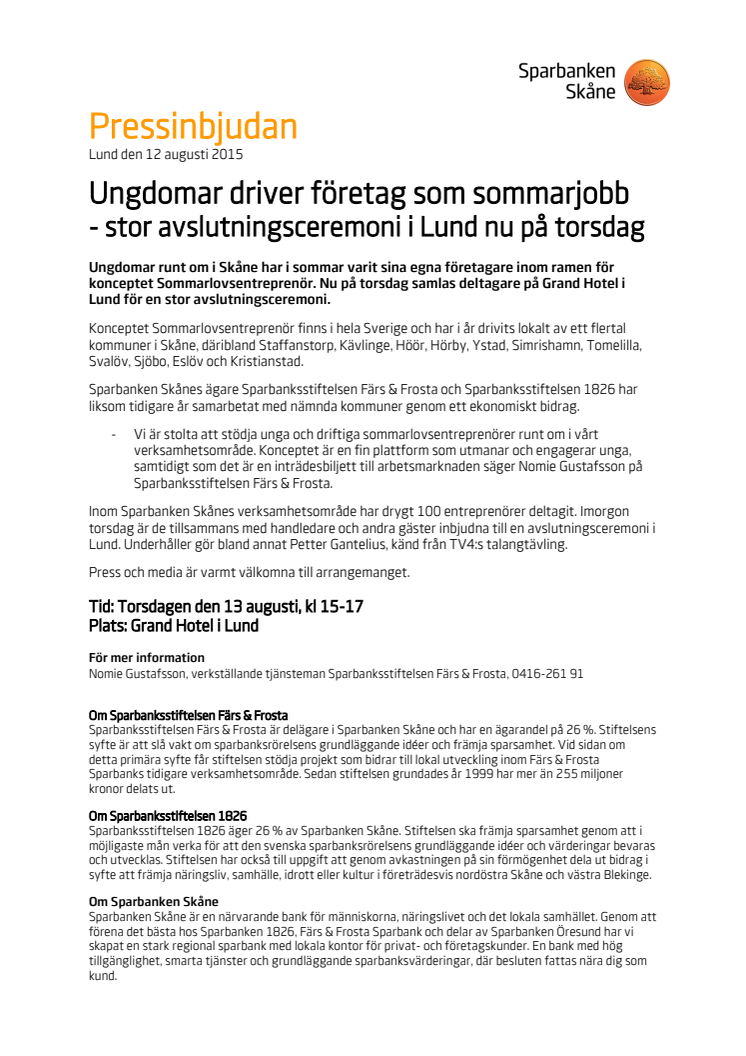 Pressinbjudan: Avslutningsceremoni för Sommarlovsentreprenörer i Skåne