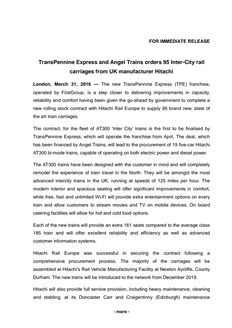 TransPennine Express and Angel Trains orders 95 Inter-City rail carriages from UK manufacturer Hitachi