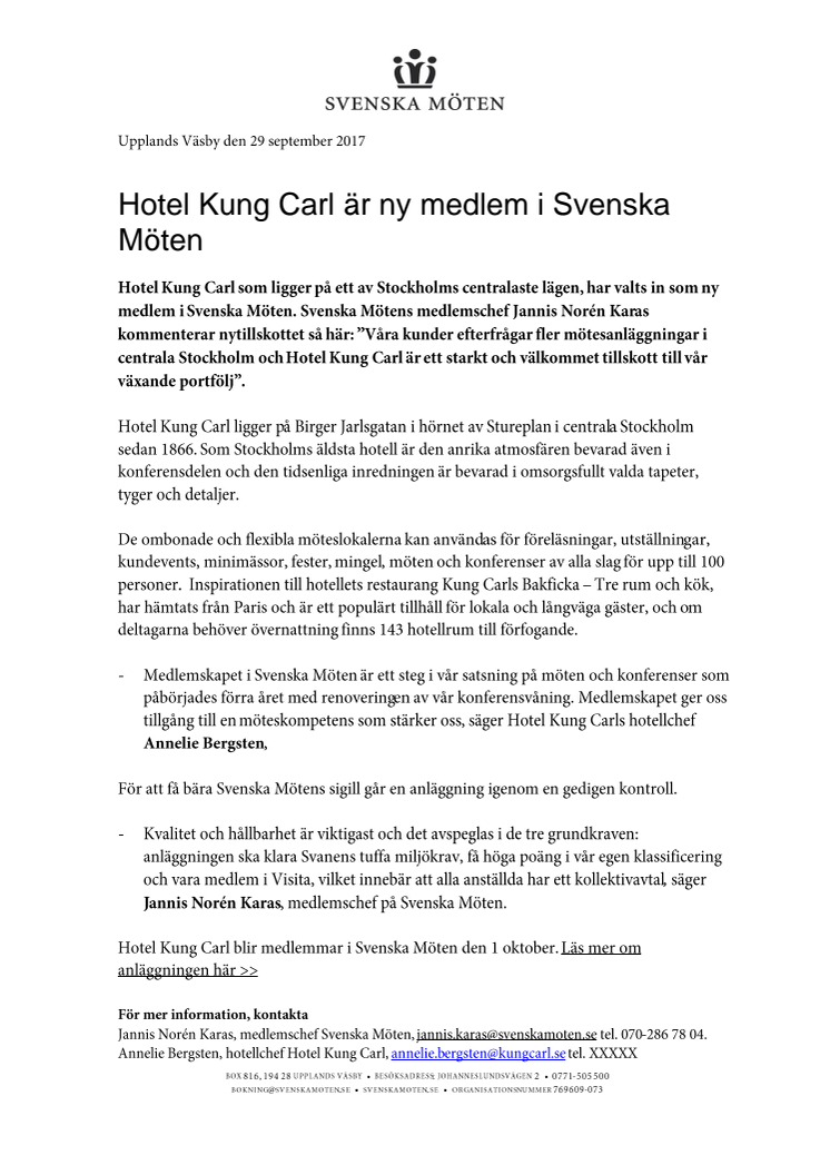 Hotel Kung Carl är ny medlem i Svenska Möten