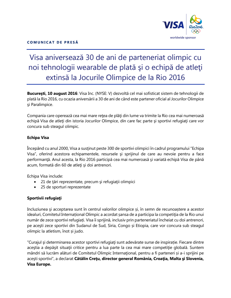 Visa aniversează 30 de ani de parteneriat olimpic cu noi tehnologii wearable de plată şi o echipă de atleţi extinsă la Jocurile Olimpice de la Rio 2016