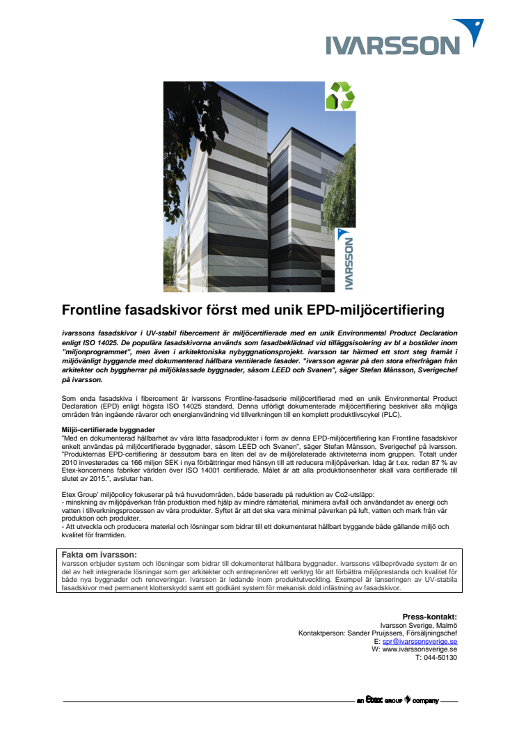 Frontline fasadskivor först med unik EPD-miljöcertifiering