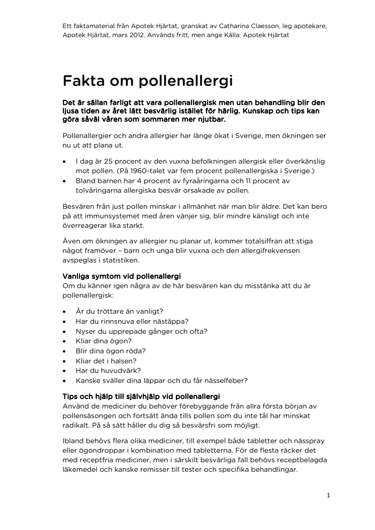 Fakta om pollenallergi