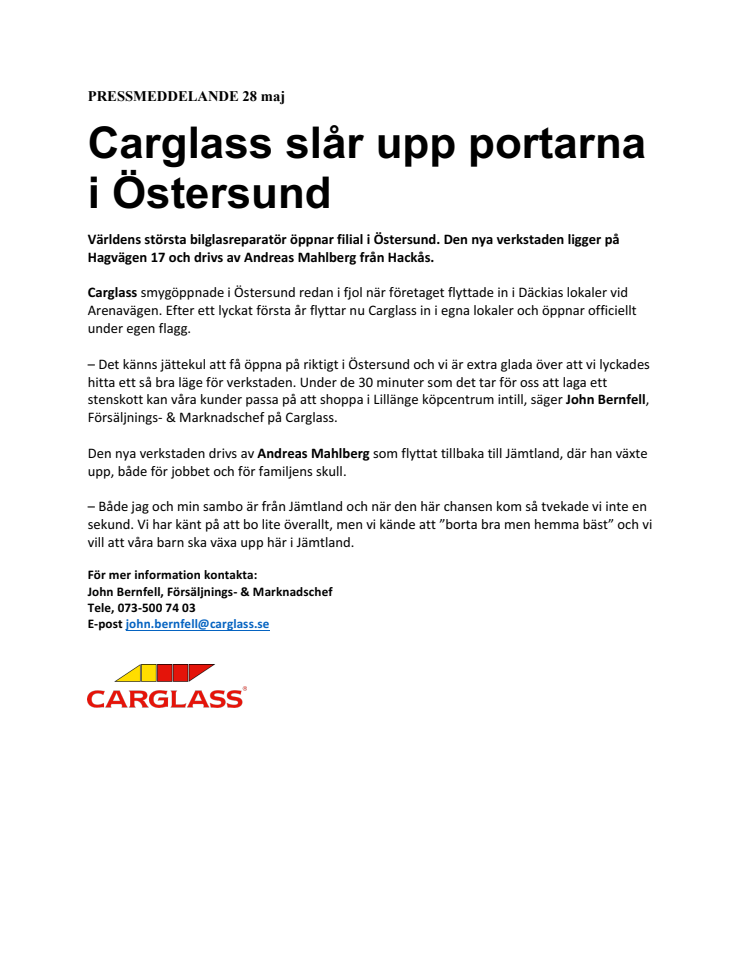 Carglass® slår upp portarna i Östersund