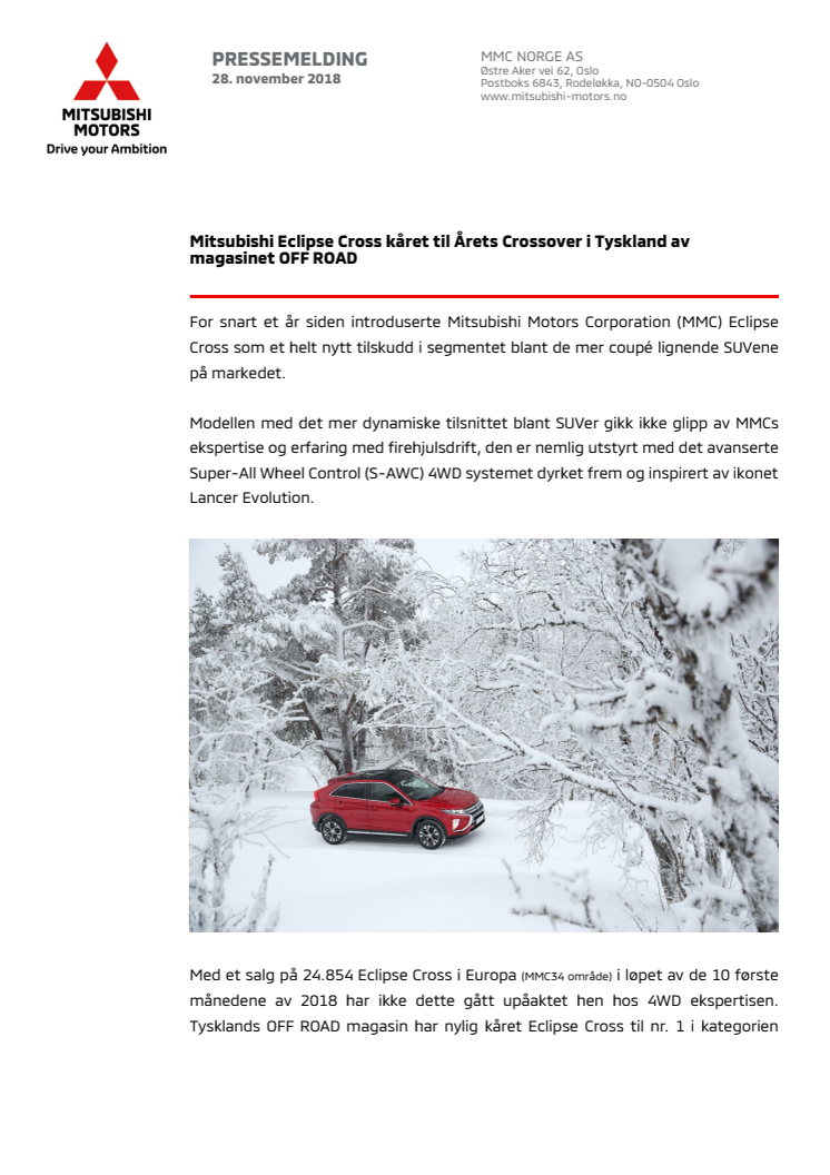 Mitsubishi Eclipse Cross kåret til Årets Crossover i Tyskland av magasinet OFF ROAD