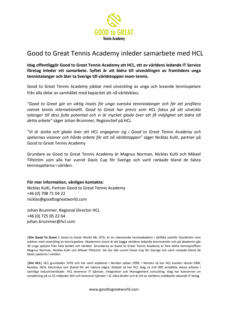 Good to Great Tennis Academy inleder samarbete med HCL