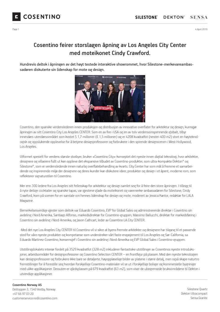 Cosentino feirer storslagen åpning av Los Angeles City Center med moteikonet Cindy Crawford