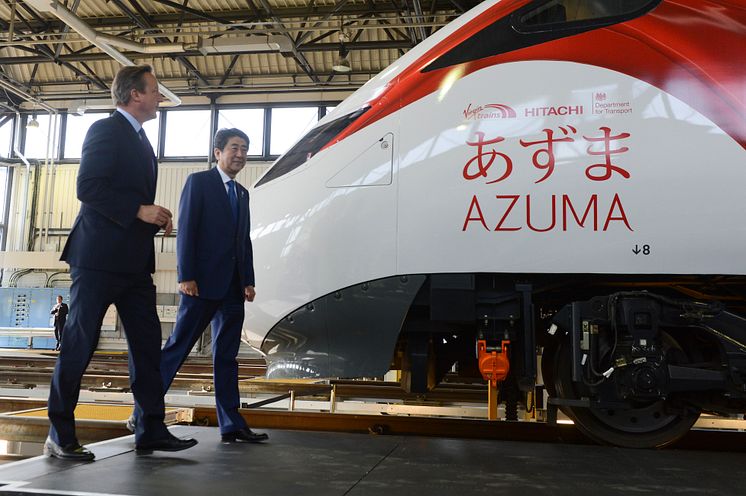 Japanese Prime Minister Shinzo Abe and UK Prime Minister David Cameron visit Hitachi Train Maintenance Centre