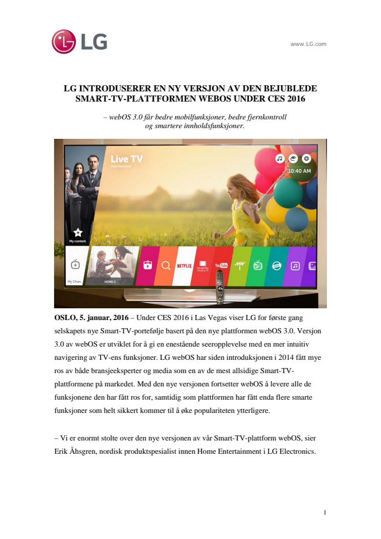 LG INTRODUSERER EN NY VERSJON AV DEN BEJUBLEDE SMART-TV-PLATTFORMEN WEBOS UNDER CES 2016