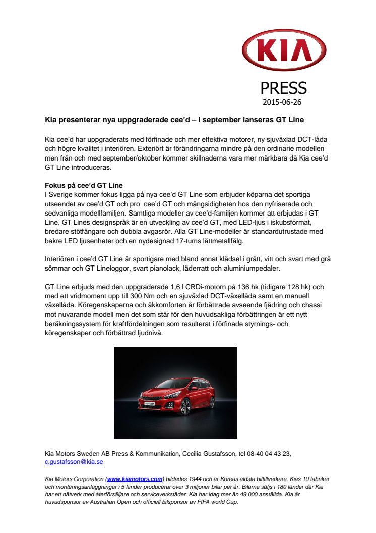 Kia presenterar nya uppgraderade cee'd - i september lanseras GT Line