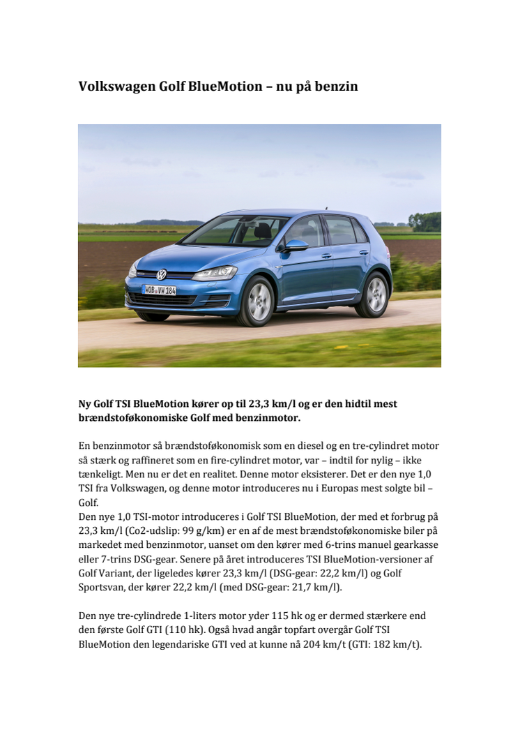 Volkswagen Golf BlueMotion – nu på benzin