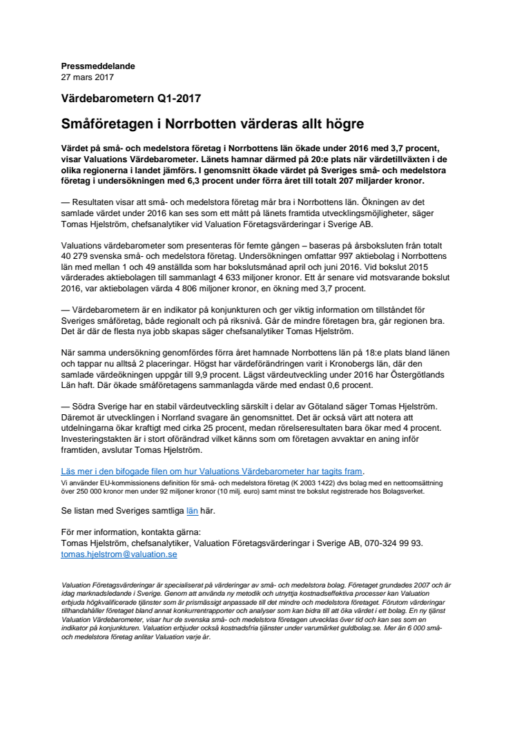 Värdebarometern Q1-2017 Norrbottens Län