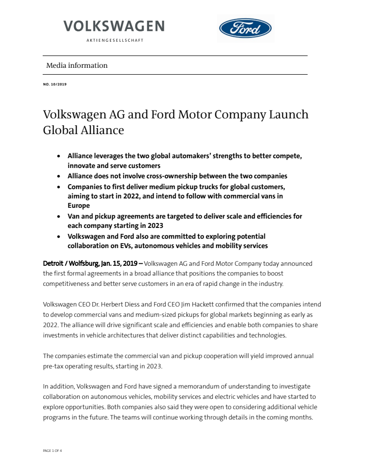 Volkswagen AG and Ford Motor Company Launch Global Alliance