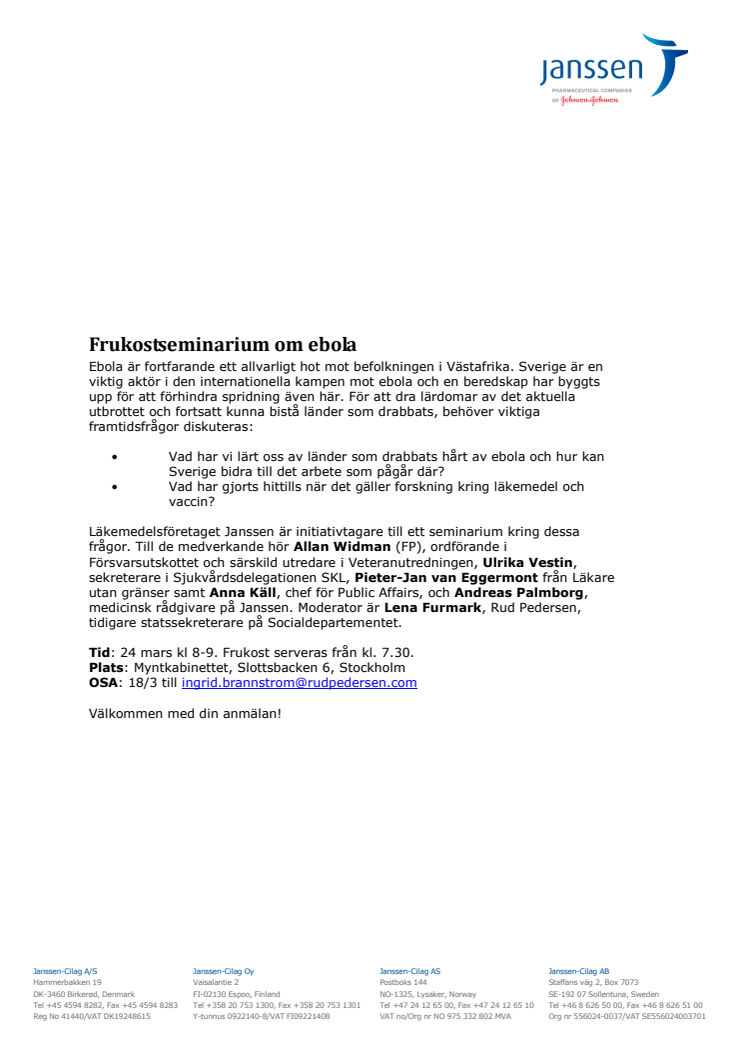 Inbjudan till Frukostseminarium Ebola 24 mars