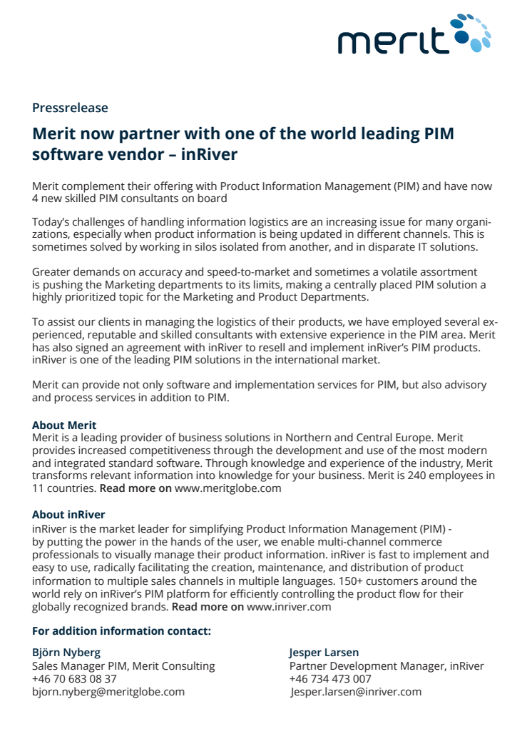 Merit now partner with one of the world leading PIM software vendor – inRiver