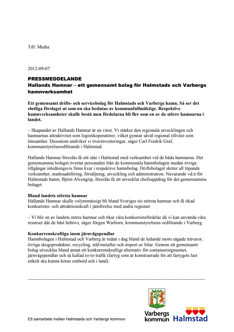 Hallands Hamnar – ett gemensamt bolag för Halmstads och Varbergs hamnverksamhet