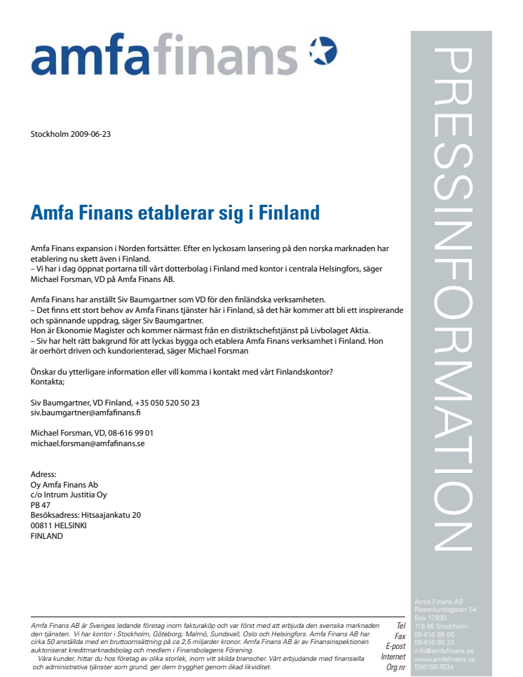 Amfa Finans etablerar sig i Finland