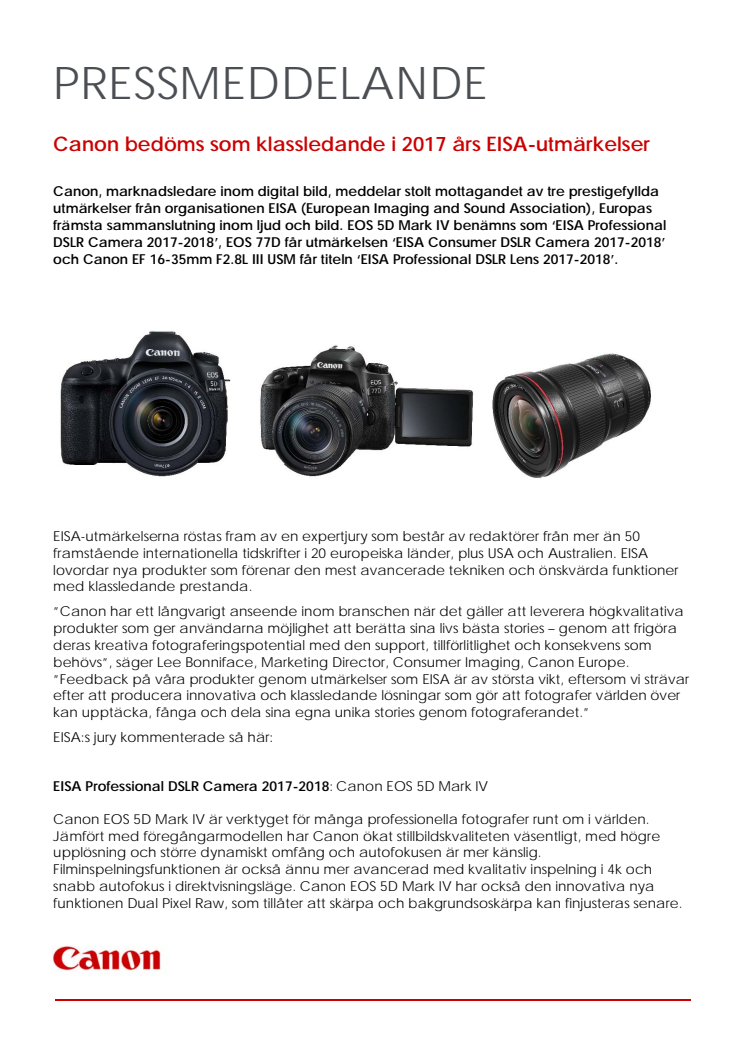 Canon bedöms som klassledande i 2017 års EISA-utmärkelser 