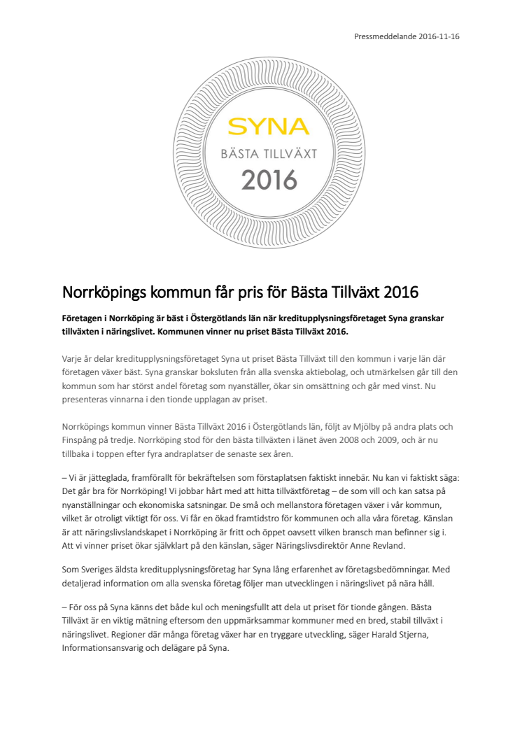 Norrköpings kommun får pris för Bästa Tillväxt 2016