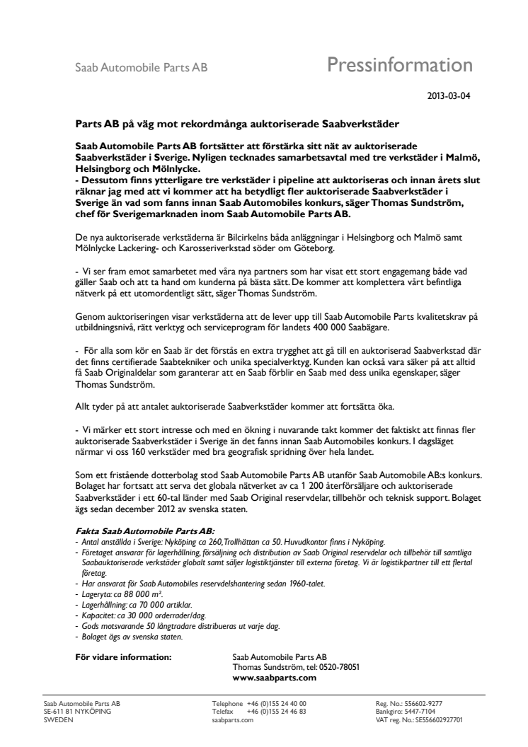 Parts AB på väg mot rekordmånga auktoriserade Saabverkstäder      