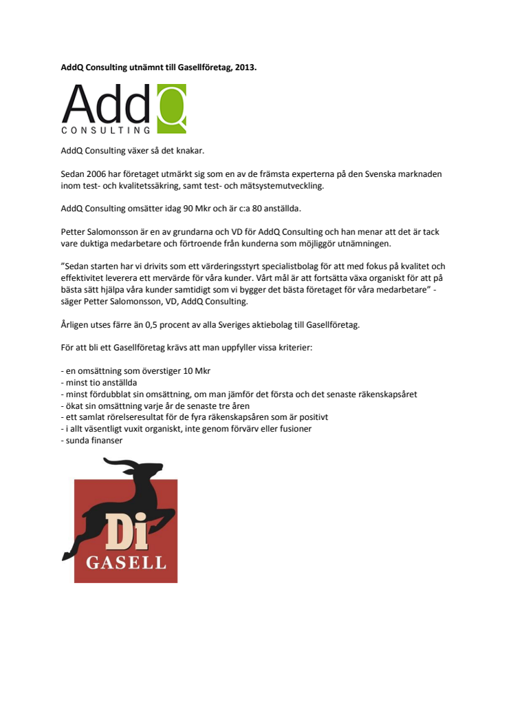 AddQ Consulting utnämnt till Gasellföretag, 2013.