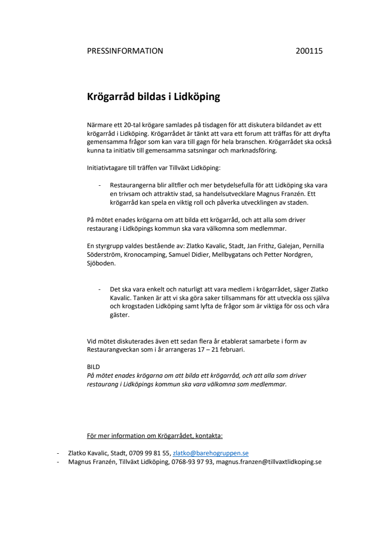 Krögarråd bildas i Lidköping