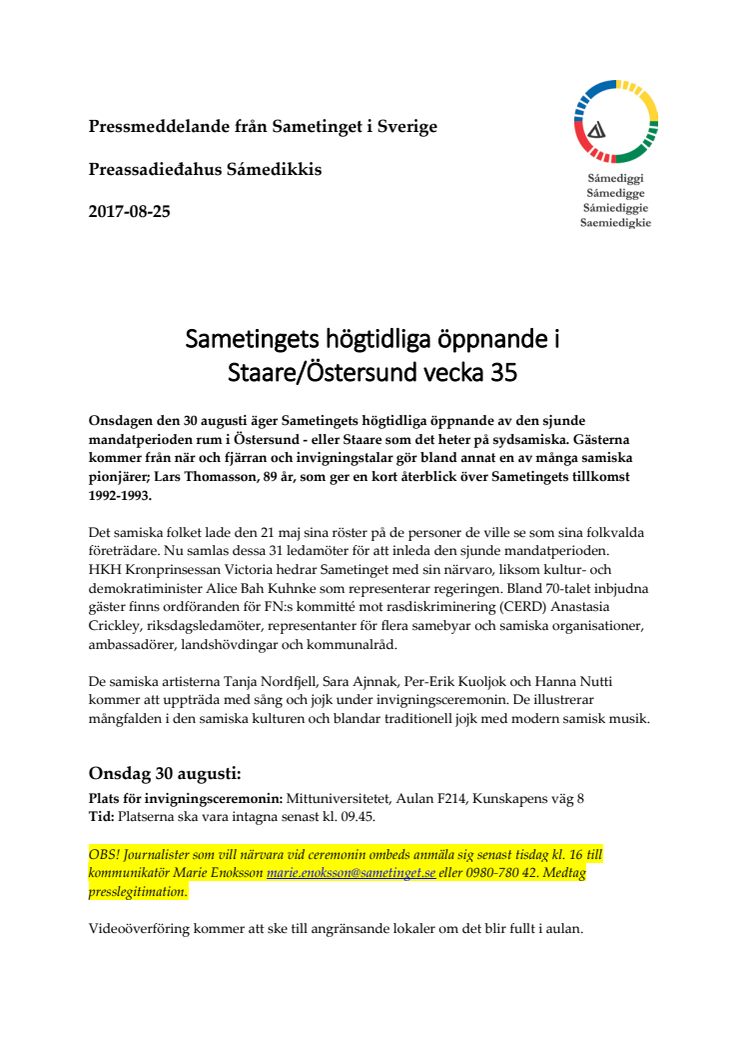 Sametingets högtidliga öppnande i Staare/Östersund vecka 35