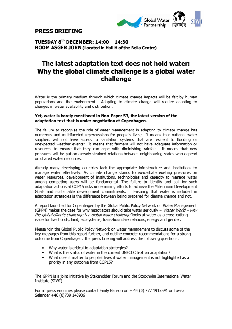 PRESS BRIEFING: The latest adaptation text does not hold water - Why the global climate challenge is a global water challenge