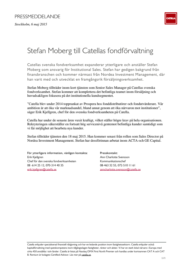 Stefan Moberg till Catellas fondförvaltning