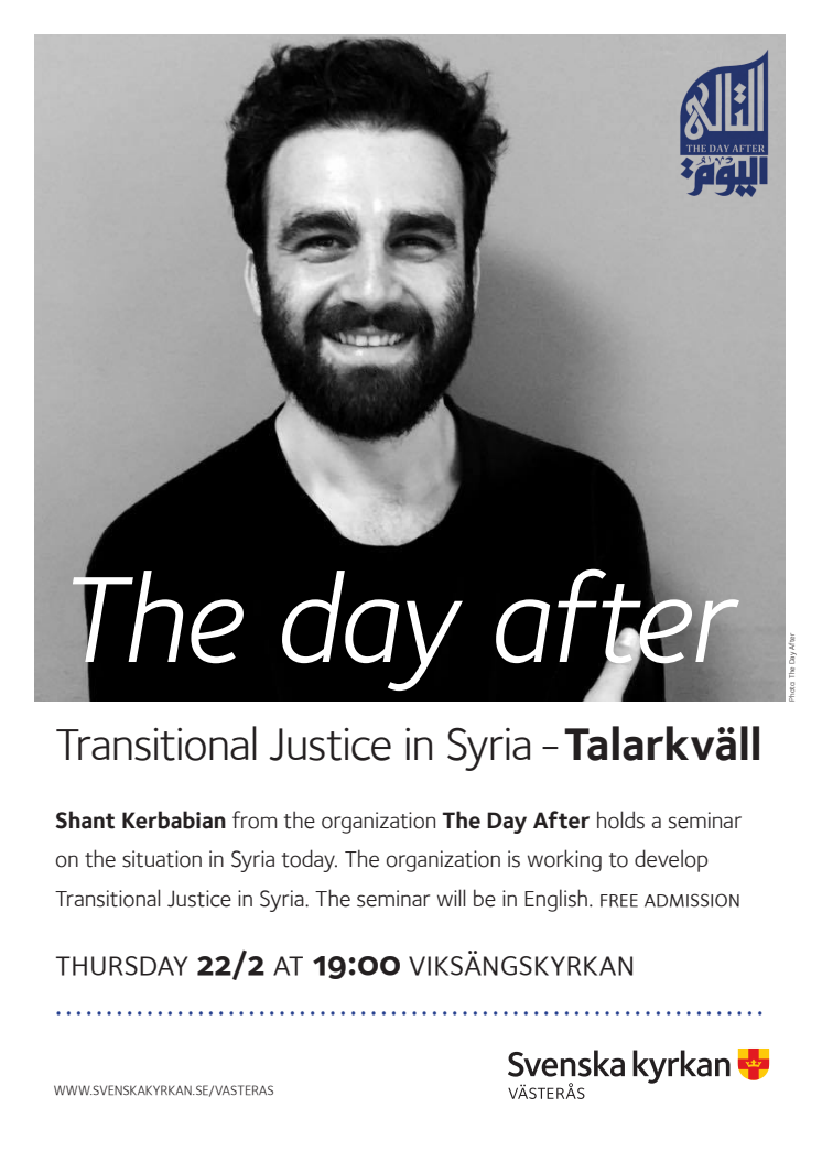 Svenska kyrkan Västerås invites Shant Kerbabian from The Day After to speak about transitional justice in Syria.