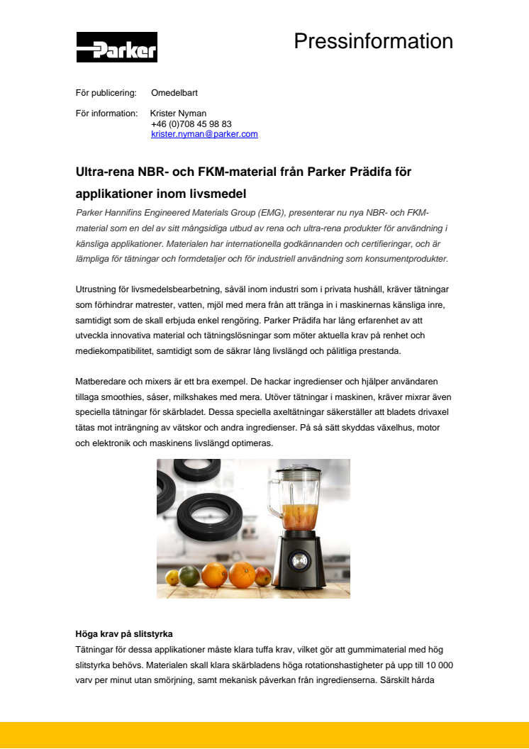 Ultra-rena NBR- och FKM-material från Parker Prädifa för applikationer inom livsmedel 