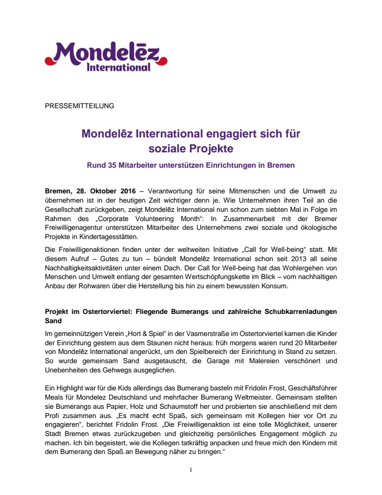 Mondelēz International engagiert sich für soziale Projekte