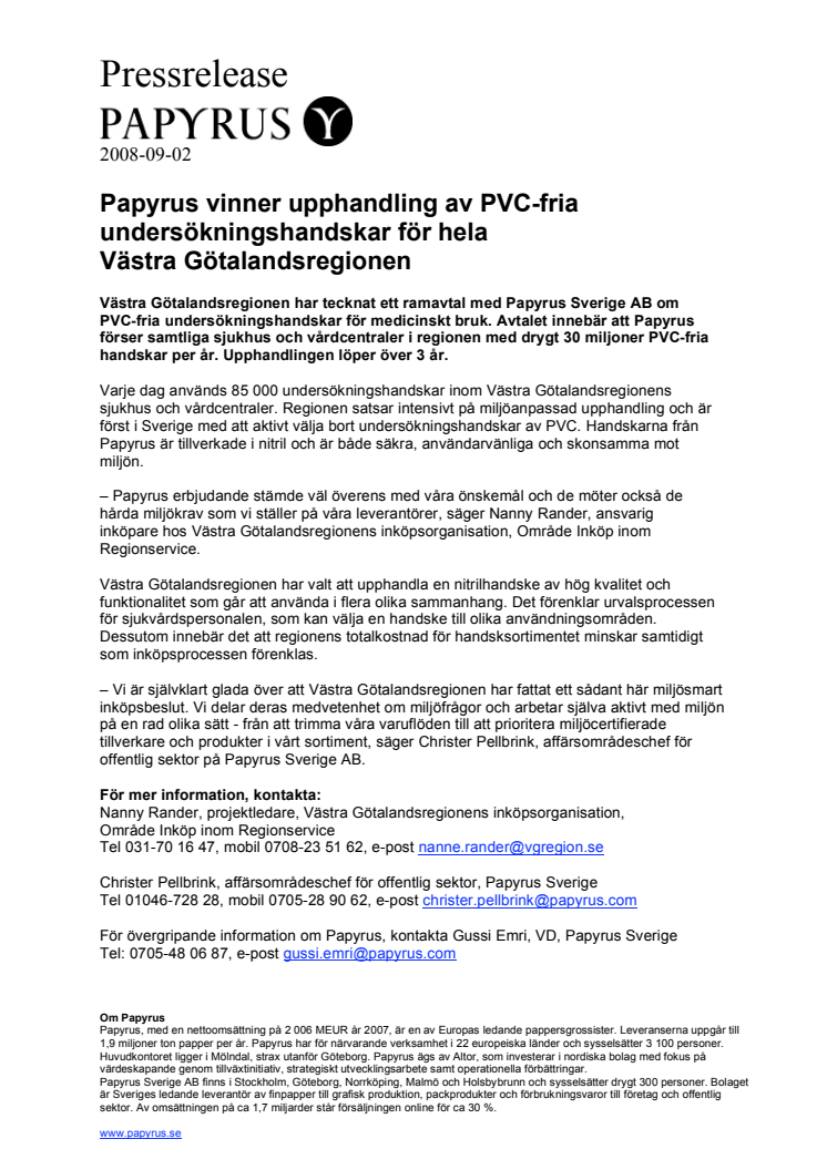 Papyrus vinner upphandling av PVC-fria undersökningshandskar för hela Västra Götalandsregionen 
