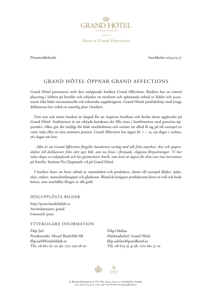 Grand Hôtel öppnar Grand Affections