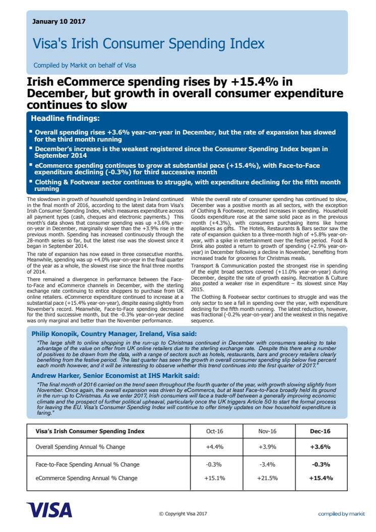 Irish eCommerce spending rises by +15.4% in December, but growth in overall consumer expenditure continues to slow