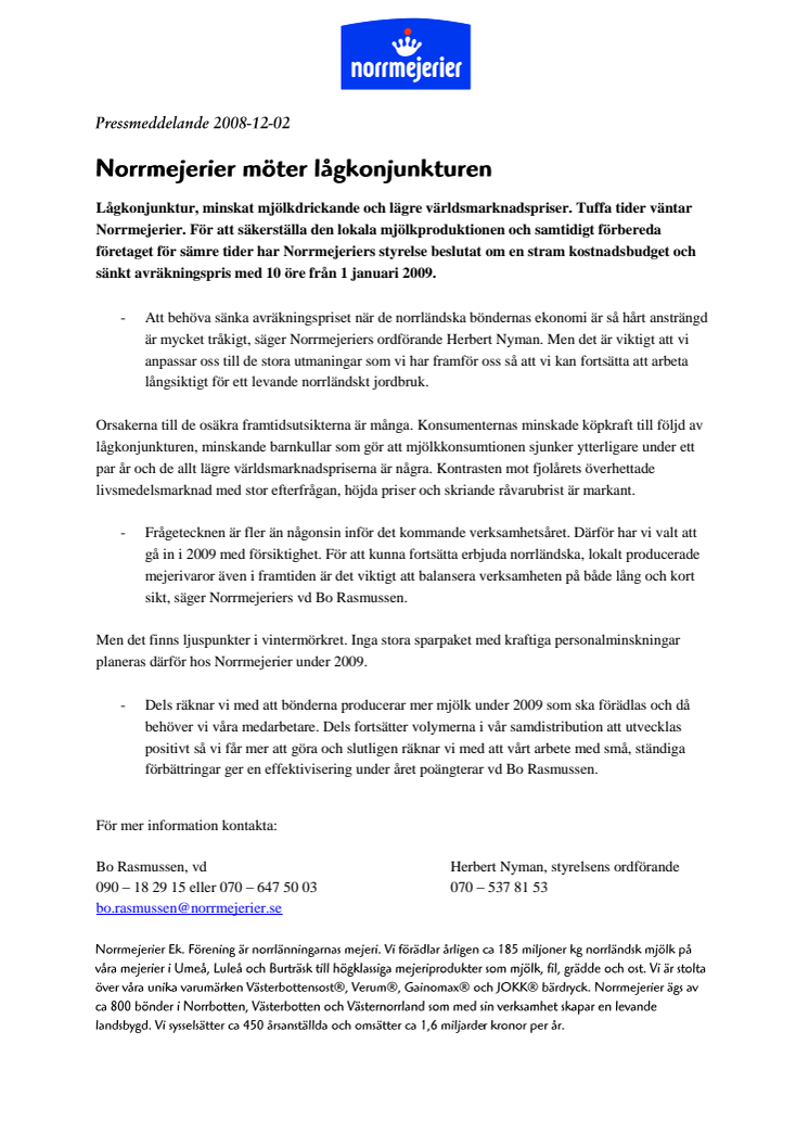 Norrmejerier möter lågkonjunkturen