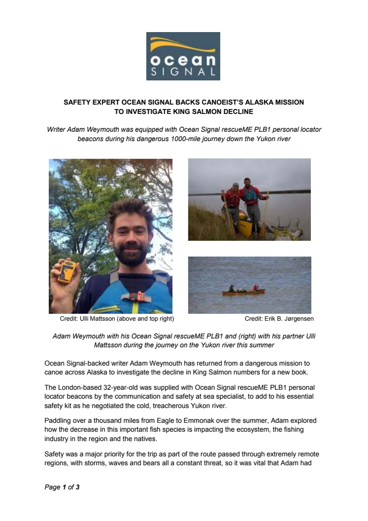 Ocean Signal: Safety Expert Ocean Signal Backs Canoeist’s Alaska Mission to Investigate King Salmon Decline