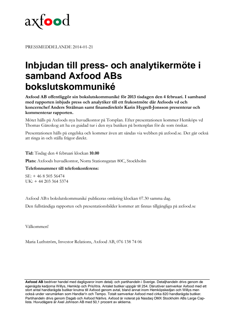 Inbjudan till press- och analytikermöte i samband Axfood ABs bokslutskommuniké 
