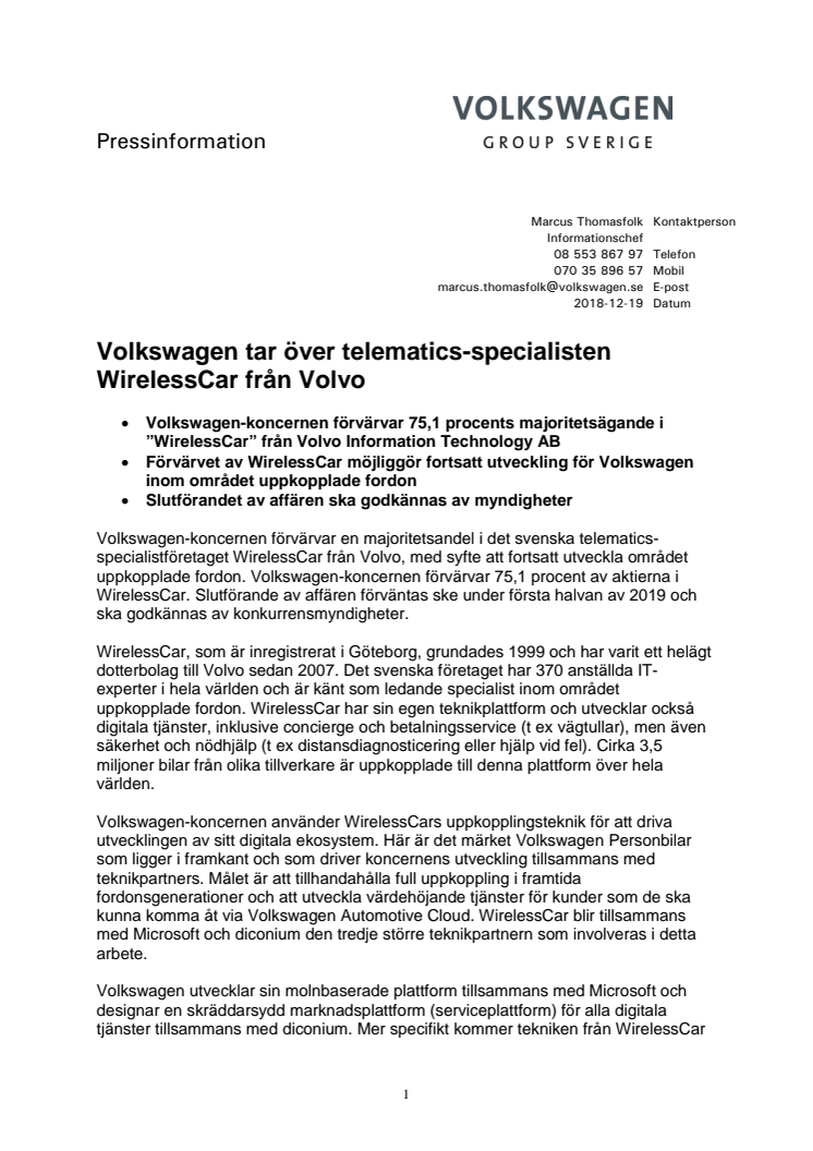 Volkswagen tar över telematics-specialisten WirelessCar från Volvo