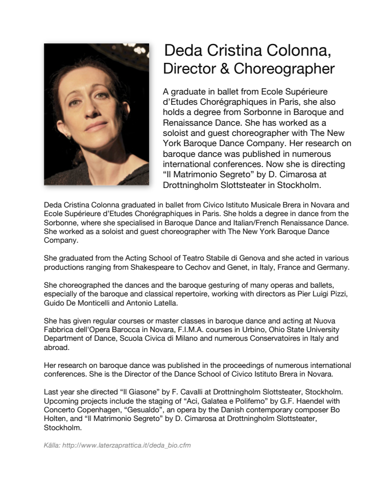 BIO of Deda Cristina Colonna, Opera Director and Choreographer