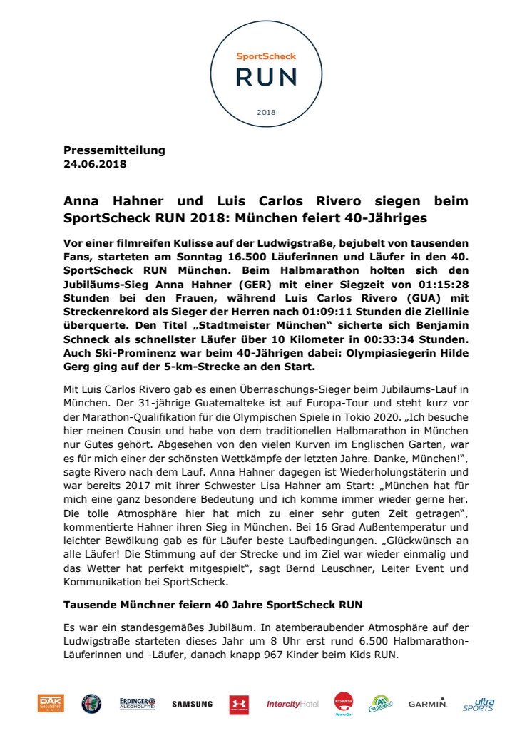 Anna Hahner und Luis Carlos Rivero siegen beim SportScheck RUN 2018: München feiert 40-Jähriges