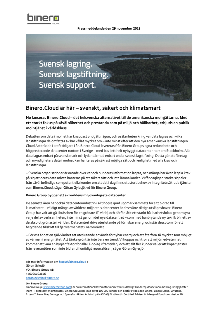 Binero Group lanserar Binero.Cloud – en svensk, säker och klimatsmart molntjänst