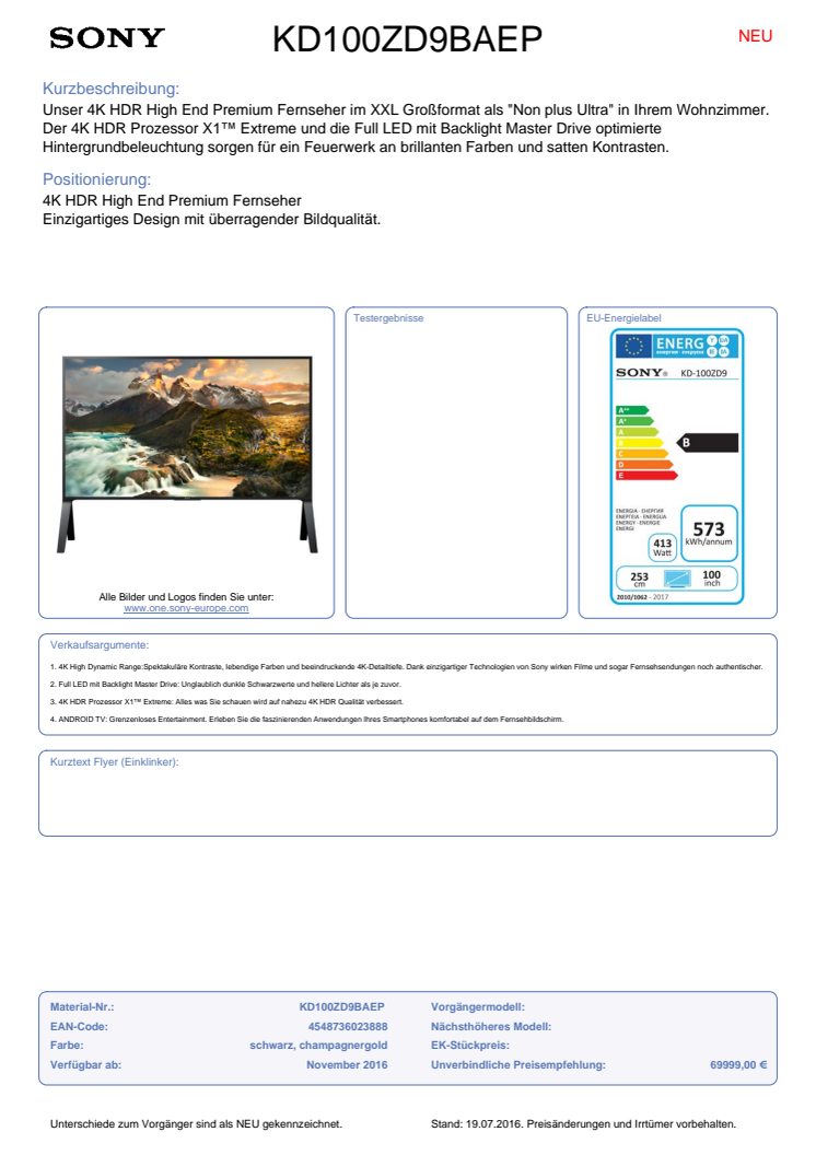 Datenblatt BRAVIA KD-100ZD9BAEP von Sony