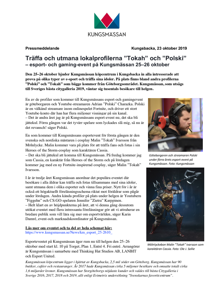 Träffa och utmana lokalprofilerna ”Tokah” och ”Polski” – esport- och gaming-event på Kungsmässan 25–26 oktober