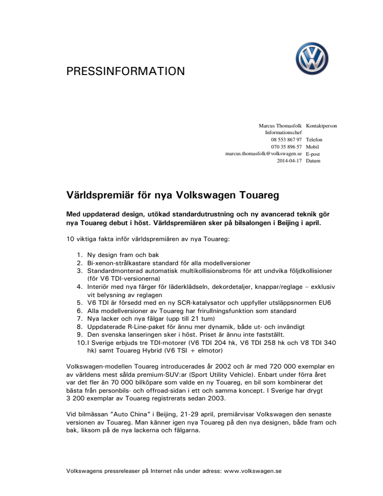 Världspremiär för nya Volkswagen Touareg