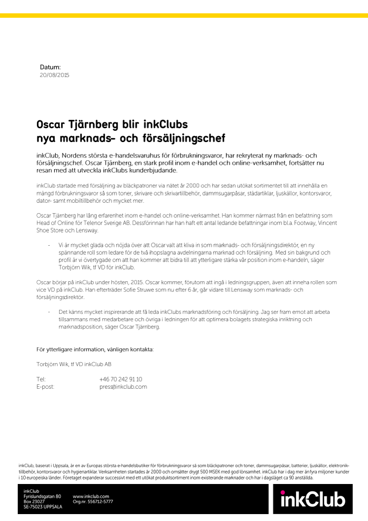 Oscar Tjärnberg blir inkClubs  nya marknads- och försäljningschef