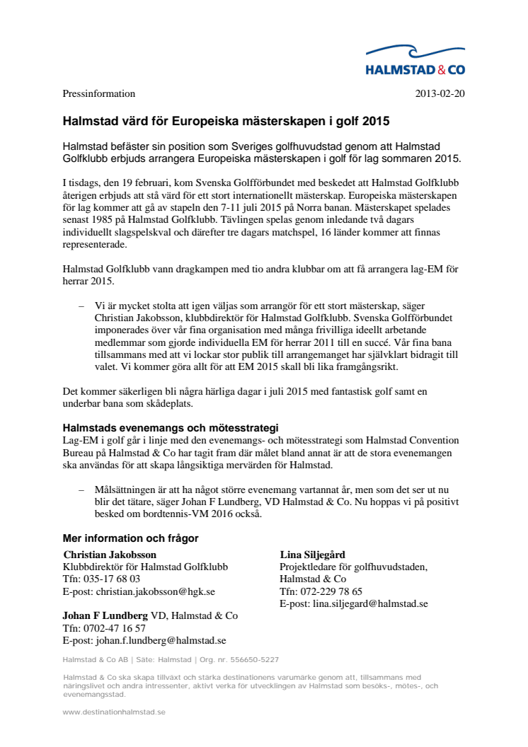 Halmstad värd för Europeiska mästerskapen i golf 2015