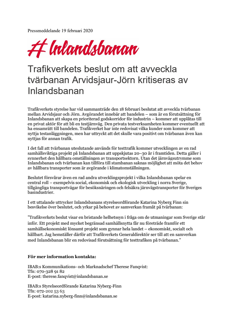Trafikverkets beslut om att avveckla tvärbanan Arvidsjaur-Jörn kritiseras av Inlandsbanan     
