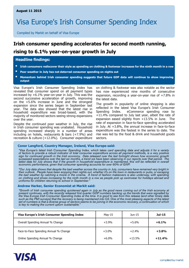 Visa Europe's Irish Consumer Spending Index - 11 August 2015