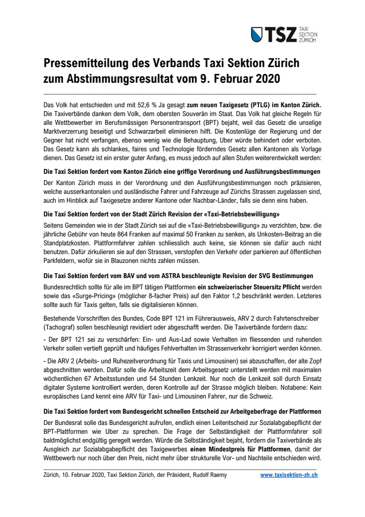 Pressemitteilung des Verbands Taxi Sektion Zürich zum Abstimmungsresultat vom 9. Februar 2020 